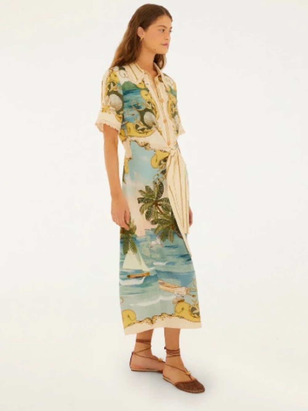 FARM Rio Off-White Royal Sea Collared Midi Dress Linen-Blend Size Small NWT - Picture 11 of 16
